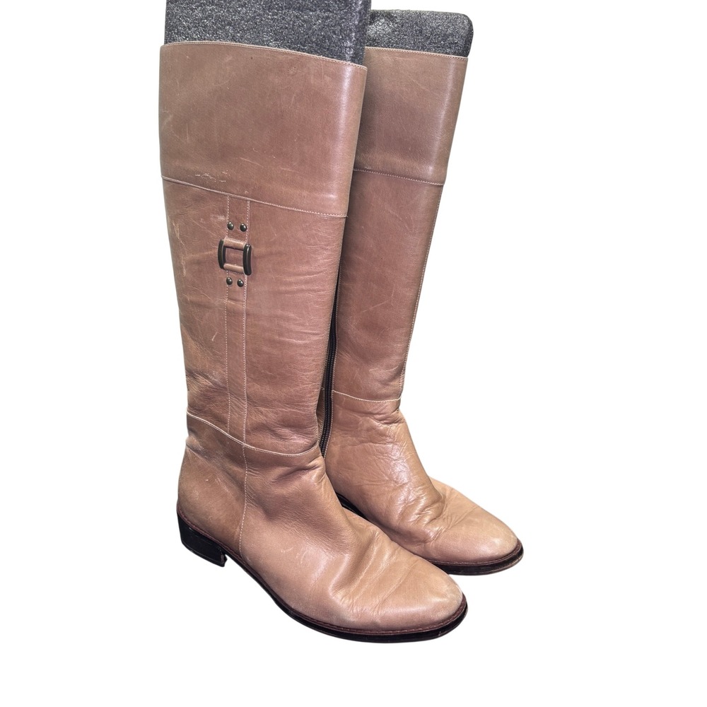 Febo Tan Taupe Leather Knee High Riding Low Flat Stacked Heel Boots Womens 9